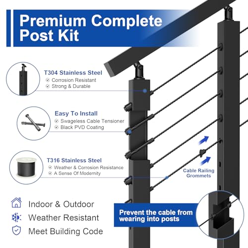 Image of BLIKA 15FT-25FT Complete Set 36 inch Stair Railing Post Kits, Adjustable Angle Line Post (25 to 35), Black Swageless Cable Railing System Include 4 Stair Posts, 300FT 1 /8 inch Stainless Cable(No Handrail)