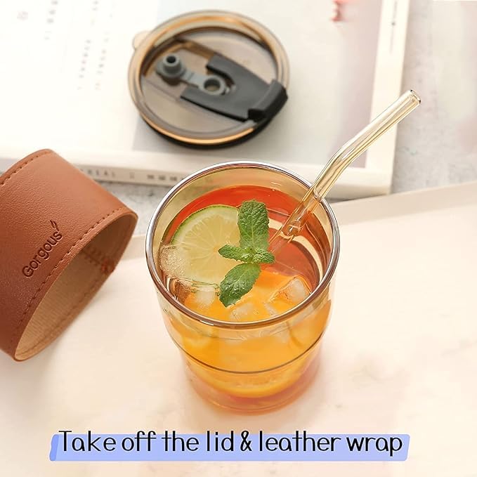 Dakshayanii Glass Tumbler with Lid, Straw and Protective Anti-Slip Leather Sleeve for Hot and Cold Beverages Tea Coffee Travel Mug Smoothies, Juice - 435ml, (Set of 4) 3