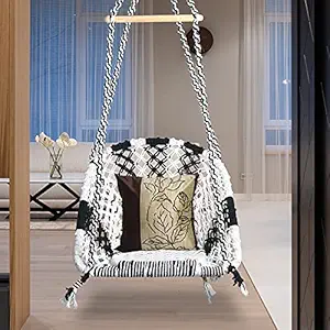 Halder Jute Regular Indoor Outdoor D Shape Hanging Swing Chair (Cotton, White Black, 150 * 65 * 72 cm)