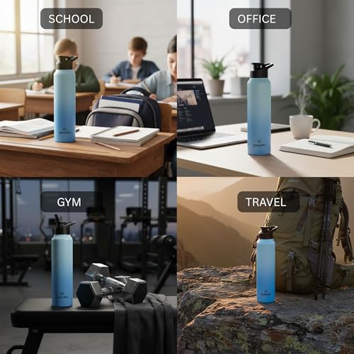 Image of Speedex Stainless Steel Water Bottle 1 Ltr, Leak Proof Sipper Cap, BIS Approved 1000 ml Metal Bottle For Daily, Office, School, Gym, Travel Use for Men, Women, Kids, Adults, Dual Blue, Set of 1
