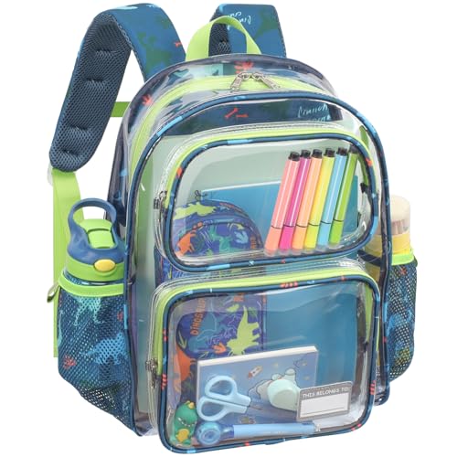 Bagseri Clear Backpack for Kids - 15 Inch Clear Bookbag for Boys Aged 3 to 8 Heavy Duty Transparent Backpack for School, Safe Reflective Strip, Cute Fabric Back Panel, Green Dinosaur