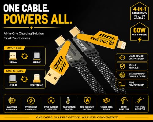 Image of QuadCharge 4-in-1 Fast Charging Cable | USB to Type-C, USB-A to C, C to C & Cable for iPhone | 60W PD Data Cable C Type, Braided Nylon Zinc-Alloy | 1.2m Multi Device Charger