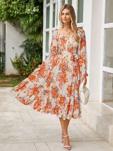 Image of Simplee Womens Long Sleeve Maxi Dress Casual Square Neck Smocked Flowy Fall Wedding Guest Dresses