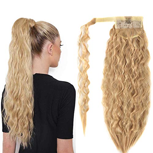 Hair Ponytail Extension Corn Wave Pony Tails Heat Resistant Loose Wavy Curly Ponytail Hair Extensions Ponytail Synthetic Wrap Around Ponytail Hairpiece for Women Girls Lady (22in, 27/613)