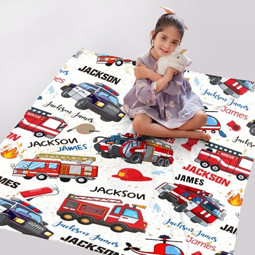 Image of Fire Trucks Firefighter Custom Blanket Gifts Personalized Fire Trucks Throw Blankets for Boys Girls Super Soft Fleece Flannel Air Conditioning Blanket for Couch Bed 120x90 in for Family
