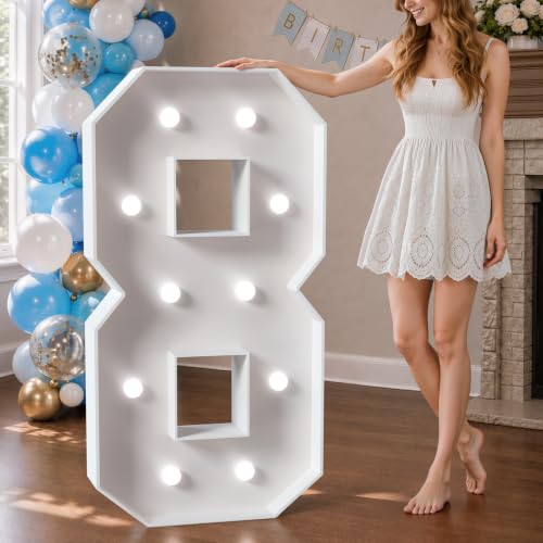 Image of Marquee Numbers 4 Feet Tall Big Light Up Numbers 8th 18th 80th Happy Birthday Decorations Girl Boy White Anniversary Party Decor Large Cardboard Prop Backdrop Sign 8 | Cool White Light, Large Anniversary Party Decor, Big Stable Sign, Assembly Required, Foam Board 23 Pcs Accessory Set