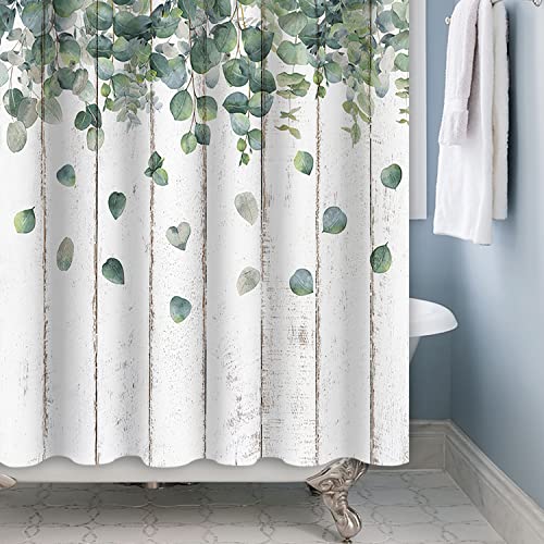 SDOTPMT 152x183cm Eucalyptus Green Leaves Shower Curtain Grey Wooden Plank Floor Natural Botanical Plants Spring Rural Farmhouse Bath Curtain Fabric Polyester Bathroom Curtain With Hooks - Image 2