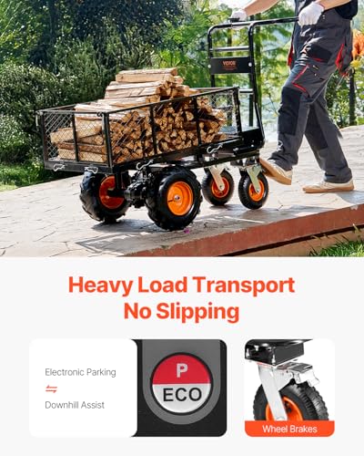 Chariot utilitaire électrique robuste - Capacité de 300 kg - Chariot de jardin en acier avec freins - 4 roues - Pour ferme et camping