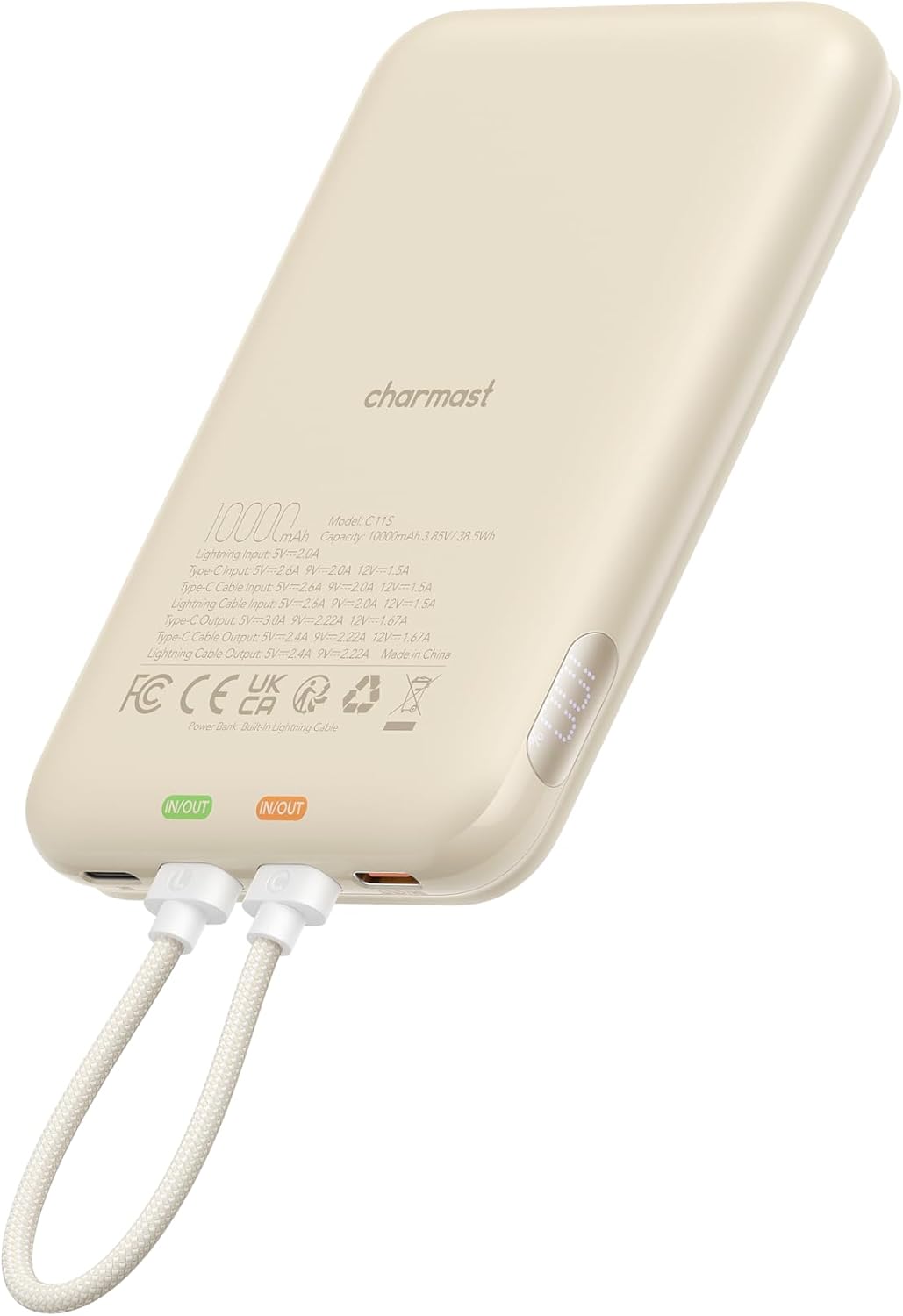 Charmast 10000mAh Wired Portable Charger, 20W Fast Charging Slim Power Bank with Removable Cable for iPhone & Android, Hand-Free Battery Pack with Digital Display for Short Travel (No-Wireless)