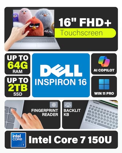 Image of Dell 16 Laptop Touchscreen Business Computer - Intel 10-Core 7 150U(up to 5.4GHz), 16'' FHD+ Touch Dsiaplay, Backlit KB, Fingerprint, Windows 11 pro, 32GB DDR5 RAM, 1TB SSD