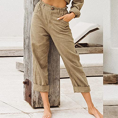 Womens Capris for Summer Dressy Fitted Capri Pants Cotton Linen Casual Pants 2024 Trendy Beach Vacation Outfits Flowy Pants Khaki 2X2