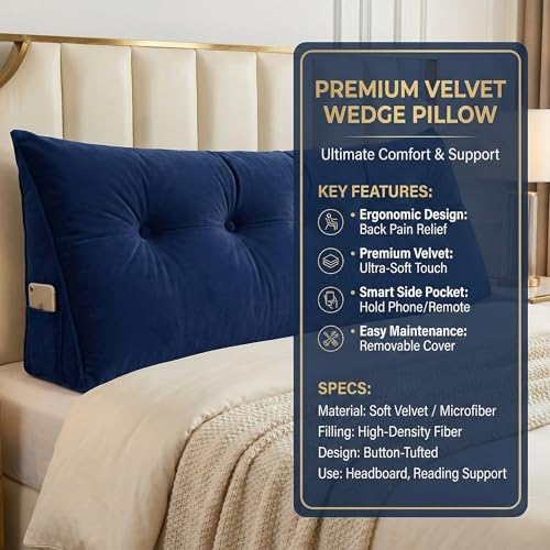 Image of Luxury Velvet Tufted Wedge Pillow with Side Pocket - Soft Headboard Back Support Cushion for Bed, Sofa & Floor Seating - Blue Color