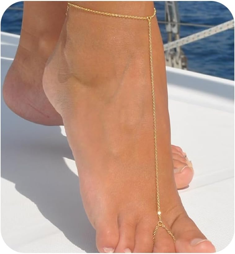 Pencros Toe Ankle Bracelet for Women, 14K Gold Boho Bead Adjustable Anklet, Barefoot Sandals CZ Ankle Bracelet Waterproof Minimalist Beach Foot Jewelry for Women