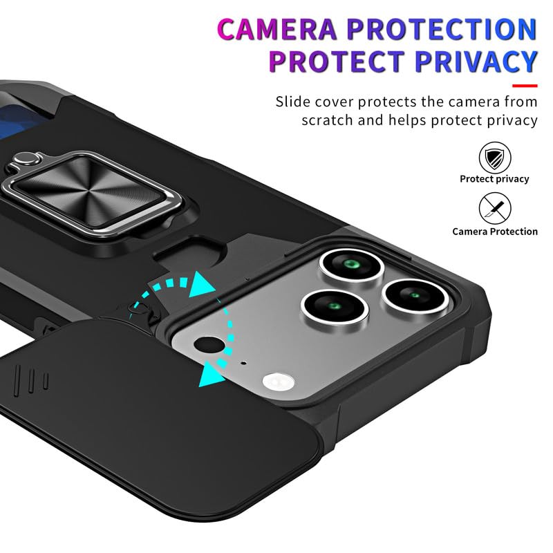 Image of LuxuryKase Shockproof Armor Case for iPhone 17 Pro Max | Slide Camera Cover | Hidden Card Slot | Rotating Ring Kickstand | Magnetic Car Mount Support | Military Grade Protection - Black