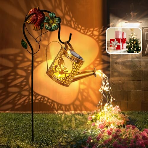 QOCNAM Solar Lights Outdoor Garden Decor Solar Watering Can with Crackle Glass Lights Waterproof Metal Hanging Fairy Lantern for Patio Lawn Yard Outside Decorations- Unique Gift Ideas for Gardening