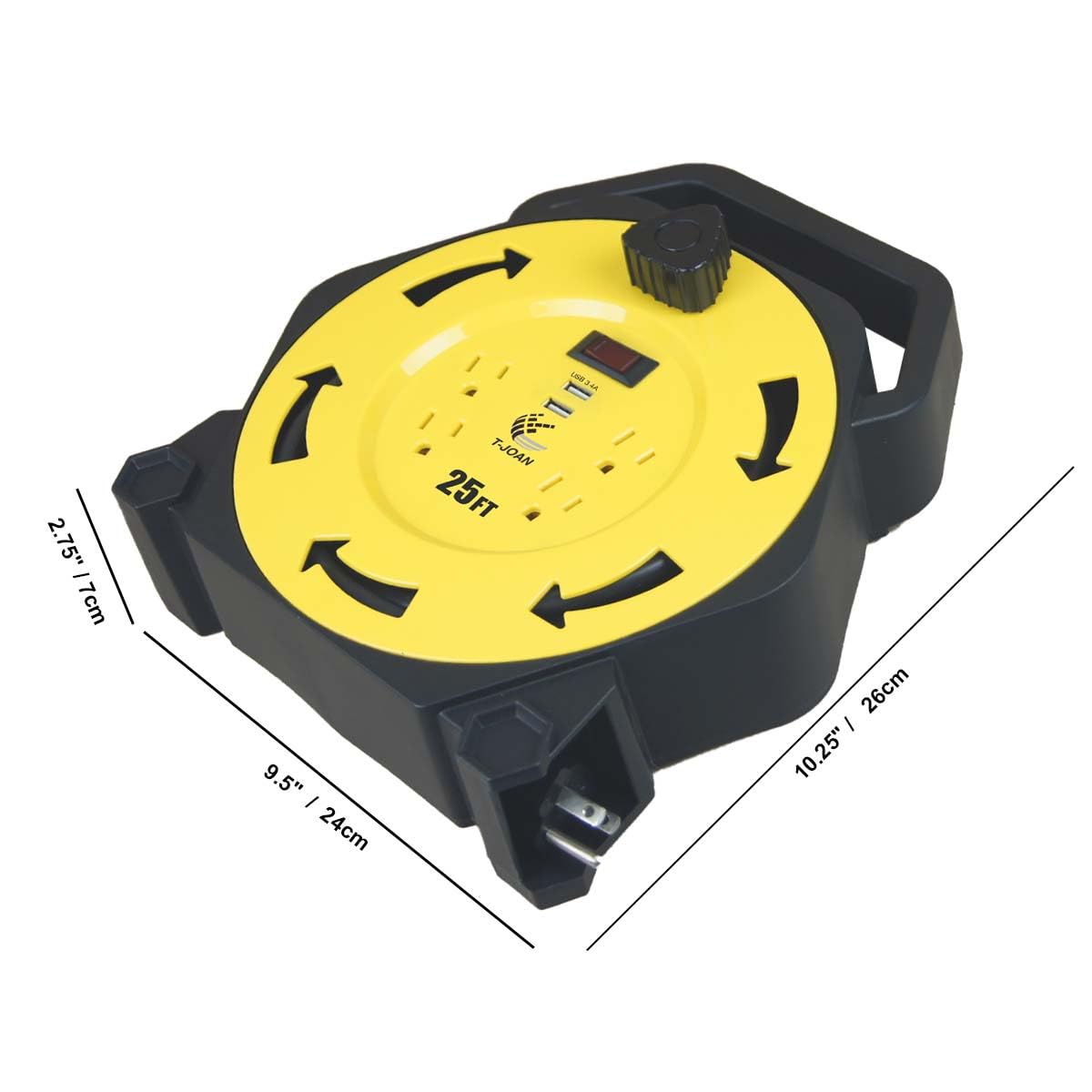 Przedłużacz bębna z kablem zasilającym, 16/3AWG, 4 gniazda uziemiające, 2 USB 3.4A, wyłącznik 13A, UL Yellow Listing