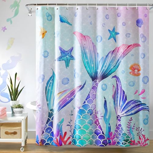 MelonBoat Mermaid Shower Curtain. Kids Shower Curtain with 12 Hooks, Mermaid Bathroom Waterproof Shower Curtain Set. Decorations for Bathroom Home Indoor Decor, 72' x 72'