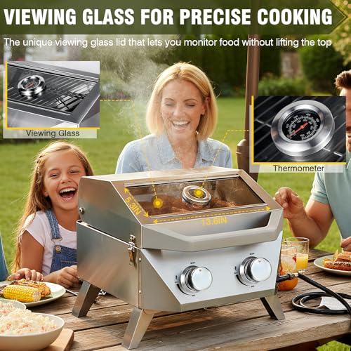 Image of BESTFIRE Tabletop Gas Grill with 2 Burners & Viewing Glass Lid, 20,000 BTU Stainless Steel Portable BBQ Grill with Thermometer, Push-Button Ignition for Outdoor Patio, Camping, RV, Tailgating
