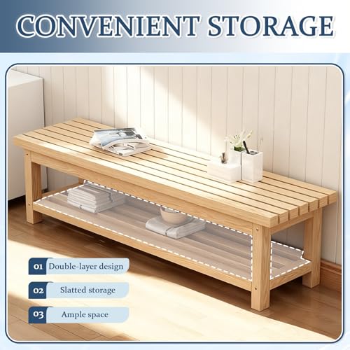 Banc bas et long en pin massif 80 cm style rustique traditionnel - 6