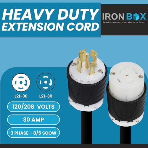 IronBox Electric - L21-30 Extension Cords - L21-30 Plug to L21-30 Connector - 30A, 120/208V 3 Phase - 8/5 SOOW Heavy Duty Extension Cord - Ideal for Industrial, Commercial & Construction Use(30 ft)