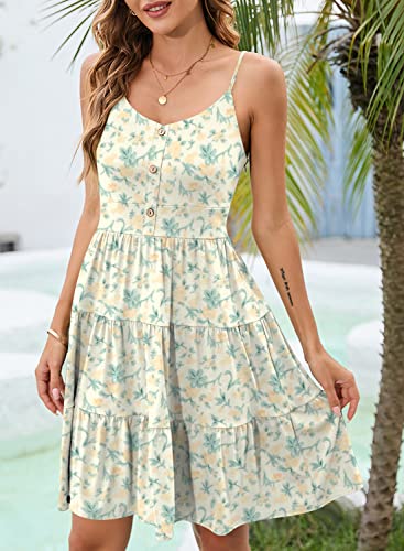Image of YATHON Sundresses for Women Casual Summer Beach Sleeveless Spaghetti Strap Dress Button Down Ruffle Flowy Pleated Dresses