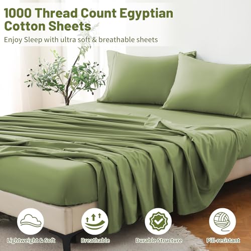 MEISHANG 1000 Thread Count Egyptian Cotton Sheets King - 100% Egyptian Cotton Sheet Set, Sateen Weave, Soft & Breathable, 16" Deep Pockets - 4 Piece (King, Olive Green)
