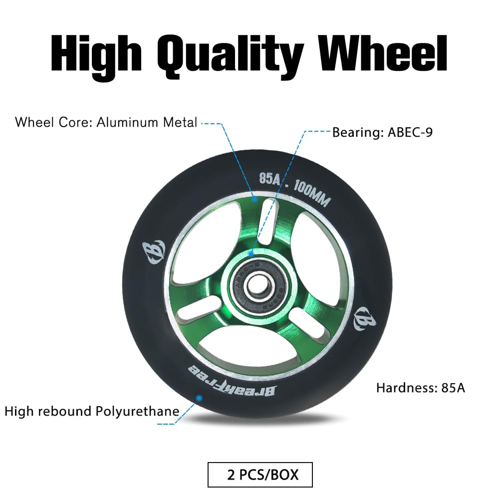B BREAKFREE Lot de 2 roues de trottinette Pro 100 mm x 24 mm 85A avec noyau en alliage d'aluminium – Roulement, roues de rechange en polyuréthane hautement élastique résistant à l'usure pour extérieur