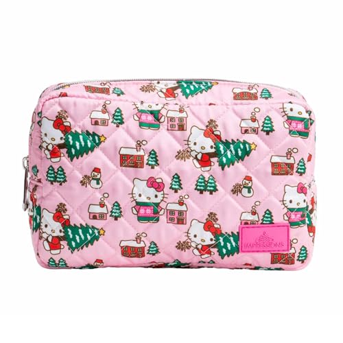 Impressions Vanity Hello Kitty Cozy Cosmetic Pouch for Women, Travel Makeup Bag Organizer Diamond Quilted Exterior with Slip Pocket and Zipper Pocket Silver Hardware, Holiday Artwork Polyester3