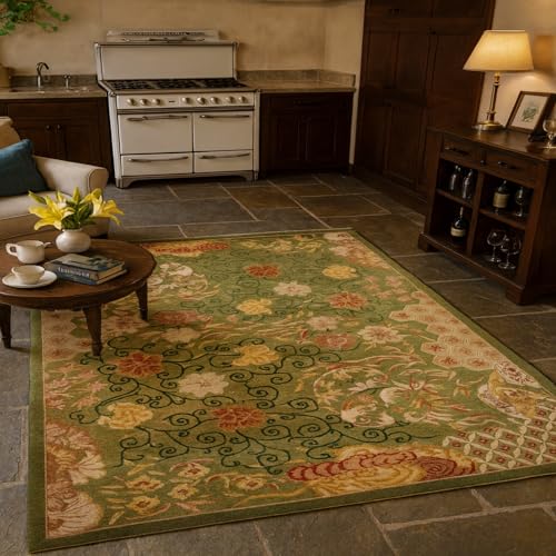 Tapis entrée intérieur lavable en machine et antidérapant vert floral