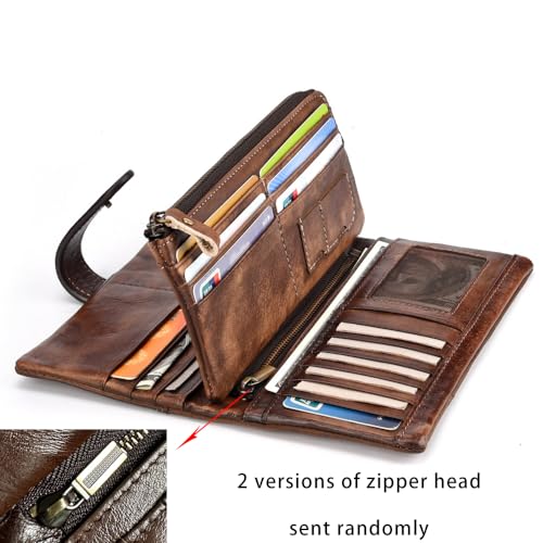 LUKZIJAES Vintage Long Wallet for Men Genuine Leather Zipper RFID Blocking Card Holder with Coin Pocket Mens Clutch Purse (#4-Coffee)3