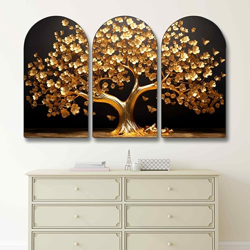 Image of Livin'luxe Luxury Golden Tree Wall Painting Set of 3 | Modern Tree of Life Arch Artwork | HD Sparkle Laminated PVC Framed Decorative Wall Decor for Living Room, Bedroom, Hallway & Office 30 Inch x 50 Inch