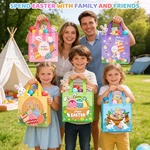 Kuvarix 6 Stück Ostereiersuche Taschen für Kinder, Wiederverwendbare Ostertüten mit Griffen zum Befüllen, Non-Woven Ostertaschen für Eiersuche, Geschenkverpackung und Partyzubehör-B