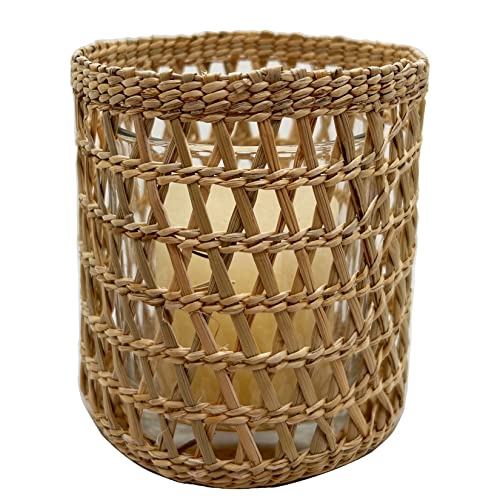 Rattan Woven Tea Light Candle Holder, Decorative Handwoven Candle Holder, Rustic Vintage Seagrass Votive Candle Holders For Dining Table Kitchen Decor Serving Tray #TOP23