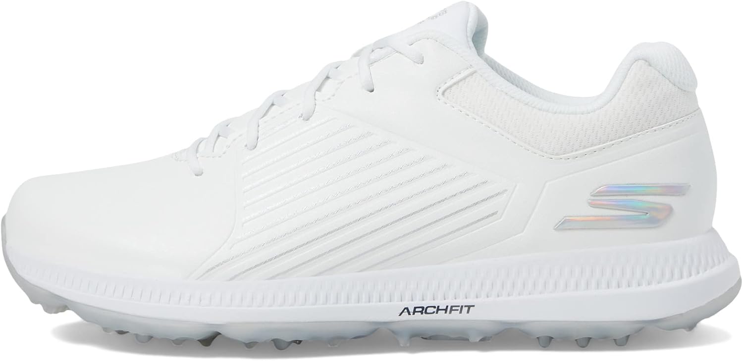 Skechers Women's Go Elite 5 Arch Fit Waterproof Golf Shoe Sneaker, White/Silver, 9
