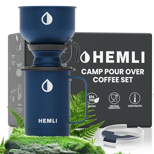 Hemli 16 oz Pour Over Camp Coffee Maker Set Vacuum Insulated Mug with Leakproof Lid Stainless Steel Micro Filter Portable Coffee Maker for Camping Travel & Outdoor Adventures
