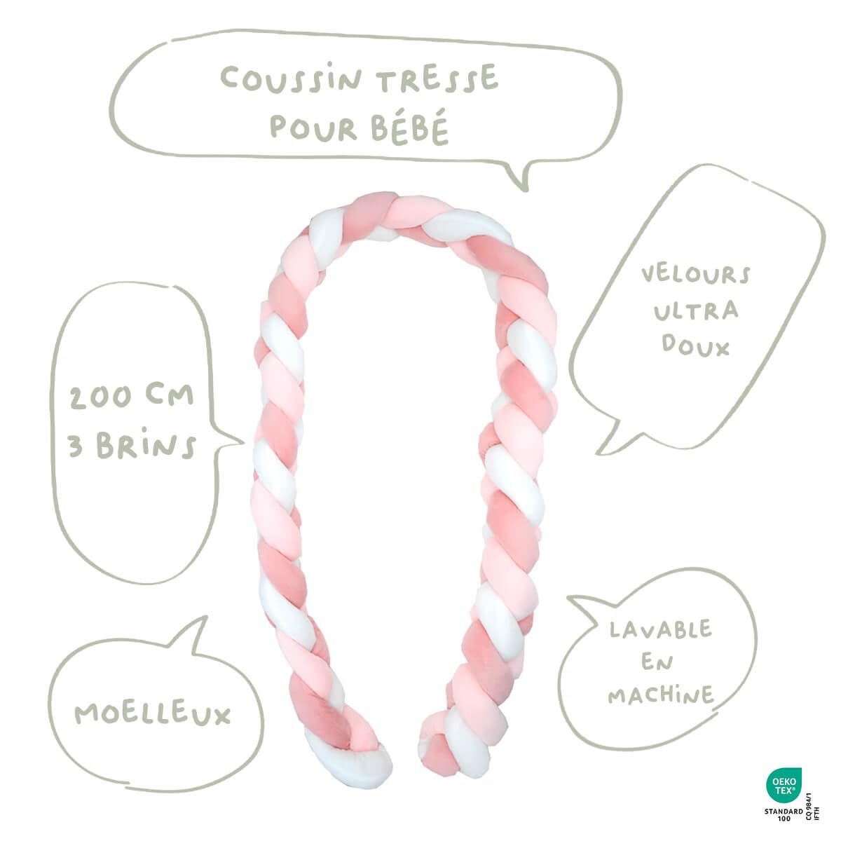 Babycalin - Tresse Bébé en velours ultra doux Blanc / Rose - 200 cm 3 brins - Tresse décorative bébé cocooning Oeko-Tex et lavable en machine - Moelleuse