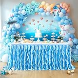 PARTISKY Ocean Blue Tulle Tutu Ruffle Curly Willow Table Skirt for Rectangle Table 6ft,Under The Sea Baby Shark Themed Table Cloth for Boys Girls Birthday Party or Baby Shower