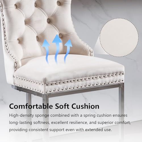 Butacos de altura para barra en terciopelo beige, juego de 4 unidades | Sillas tapizadas modernas para isla de cocina; asiento acolchado; patas metálicas cromadas; respaldo acolchado con botones miniatura 4