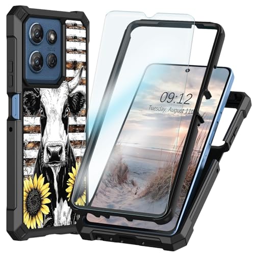 for Moto G (2026) / Moto G 5G (2025) / Moto G Play (2026) Case with Screen Protector, Dual Layer TPU Phone Case, Military-Grade Shockproof Full Body Protection, Cow Sunflower