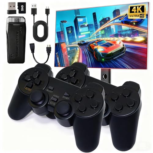 Retro Game Console Stick – Plug & Play Wireless Video Game System with 20,000+ Classic Games, 9 Emulators, 4K HDMI Output, 2.4GHz Dual Controllers, Nostalgic Arcade Stick for Adults & Kids (64G)