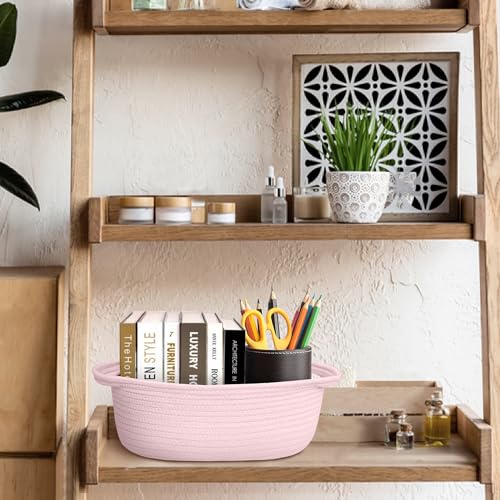 Image of Small Woven Gift Basket, Baskets for Gifts Empty, Cotton Rope Cat Dog Toy Box, Nursery Baby Organizer with Handles, Cute Wicker Storage Bin for Home Decor, Light Pink, 12 inchx 8 inchx 5 inch