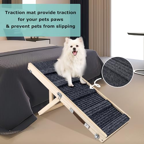 Umtiti Haustierrampe aus Holz, zusammenklappbar, tragbar, 4 Stufen, verstellbar, 22,9 cm bis 43,9 cm, mit Rutschfester 5 Pfoten-Traktionsmatte für kleine, mittelgroße Hunde.Dog Ramps-GY,DE