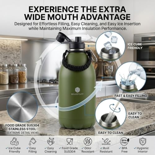Image of Insulated Water Bottle 4000ml, Hot Water Bottle, Thermosteel Water Bottles for Travel, Home, Office, School, Gym, Adults, ISI Certified Water Bottle 12+ Hr Hot and 18+ Hr Cold, Green