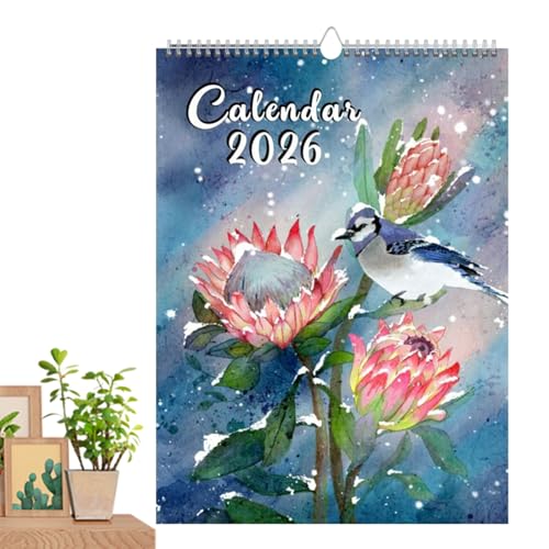 花と鳥の壁掛けカレンダー 2026, 12ヶ月 エキゾチックな鳥 スパイラル綴じ カレンダー, リビングルーム キッチン 書斎 寝室用 壁掛け 卓上 ナチュラルデコレーション プランナー
