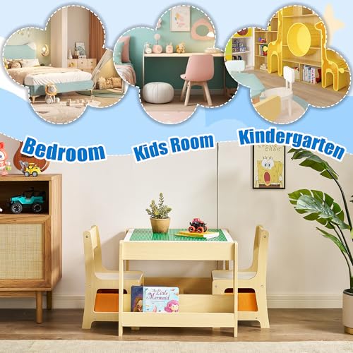 Kids Table and Chair Set, 3 in 1 Wooden Activity Table with Storage Drawer for Toddlers Drawing, Reading, Crafts, 2 in 1 Detachable Tabletop Table Set for Nursery, Playroom (Natural & White)