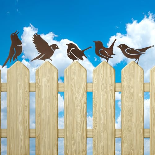 MIRATE 5PCS Rusty Metal Birds Decoration,Outdoor Fence Yard Decor,Metal Birds Craft Statue Ornaments for Yard Art,Garden Decor