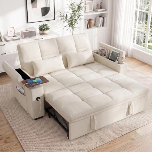 Image of Dreamzie 65'' Convertible Sleeper Sofa Bed with Swivel Side Table, Chenille Pull Out Couch for Living Room, Loveseat Sleeper Couch with Hidden Storage Space | Charging Port | Cup Holders, Off White