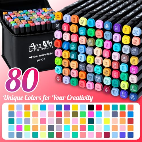Image of AenArt Marker Set, 80 Colors Double Tip Drawing Markers Artist Pens with Organizer Case for Adults and Kids, Drawing, Coloring and Sketching