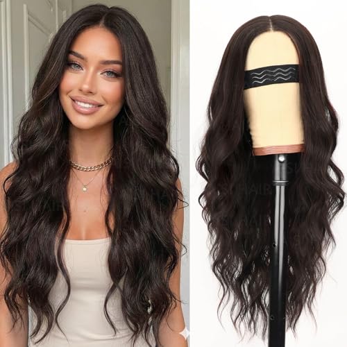 Image of AISI HAIR Chocolate Brown Wig for Women, Long Wavy Lace Hairline Middle Part Synthetic Heat Resistant Wig for Daily Party-26 Inch