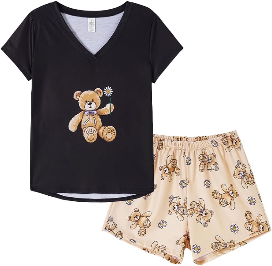 VENTELAN Pajama Set For Women Cute PJS Summer Short Sleeve Shorts Sleepwear Large Black-bear